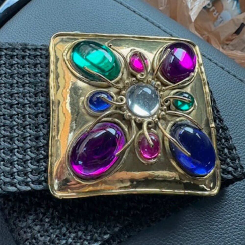 Vintage 80s Ornate Bold Dynasty Era Jeweled Cabochon Metal Belt Buckle & Clasp